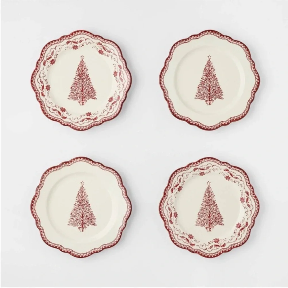 4pk 8” Stoneware Salad Appetizer Christmas Plates Red - Threshold Studio McGee